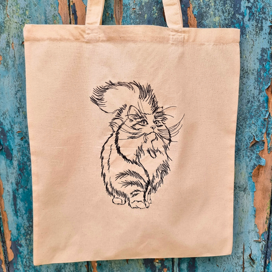 Cute Line Art Cat Embroidered Tote