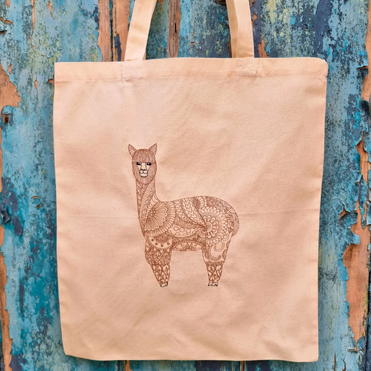 Henna Style Llama Line Art Embroidered Tote