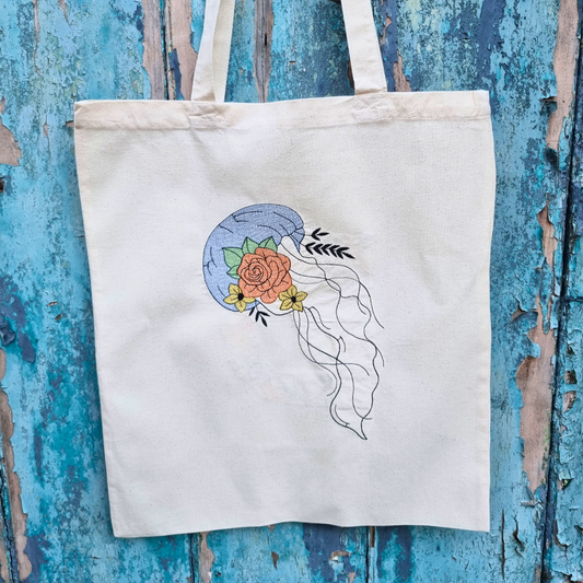 Floral Jellyfish Embroidered Tote