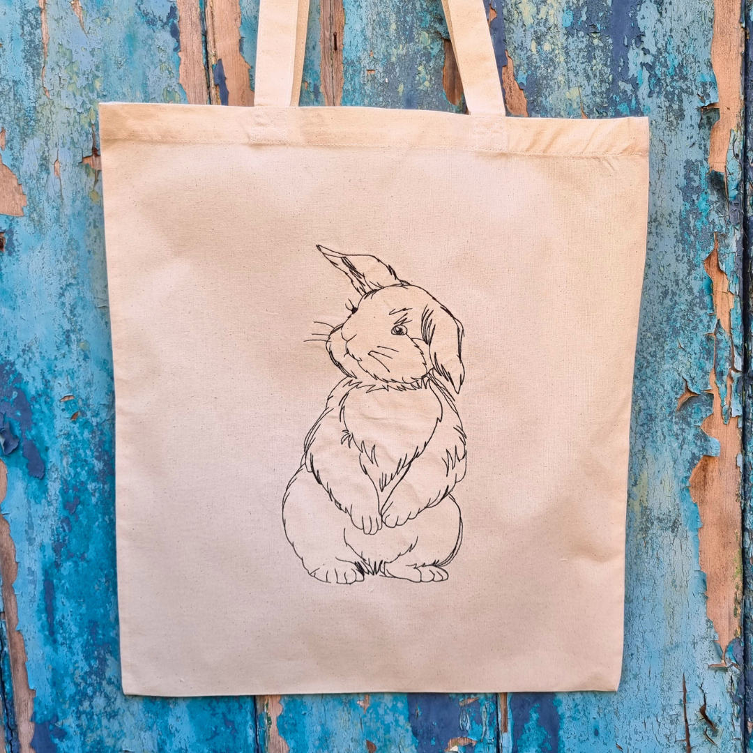 Line Art Cute Bunny Embroidered Tote