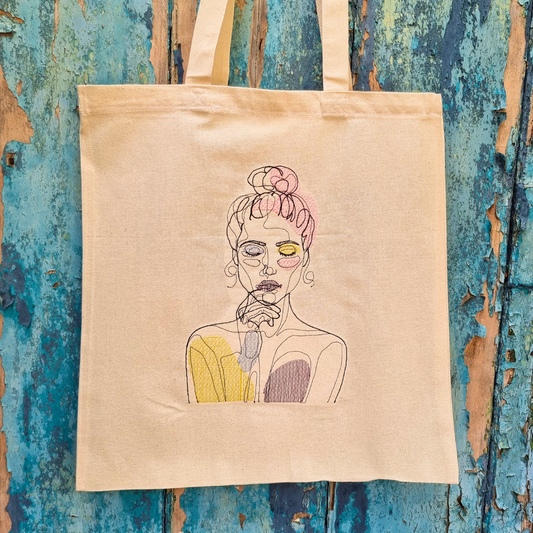 Line Art Arty Lady Embroidered Tote Bag