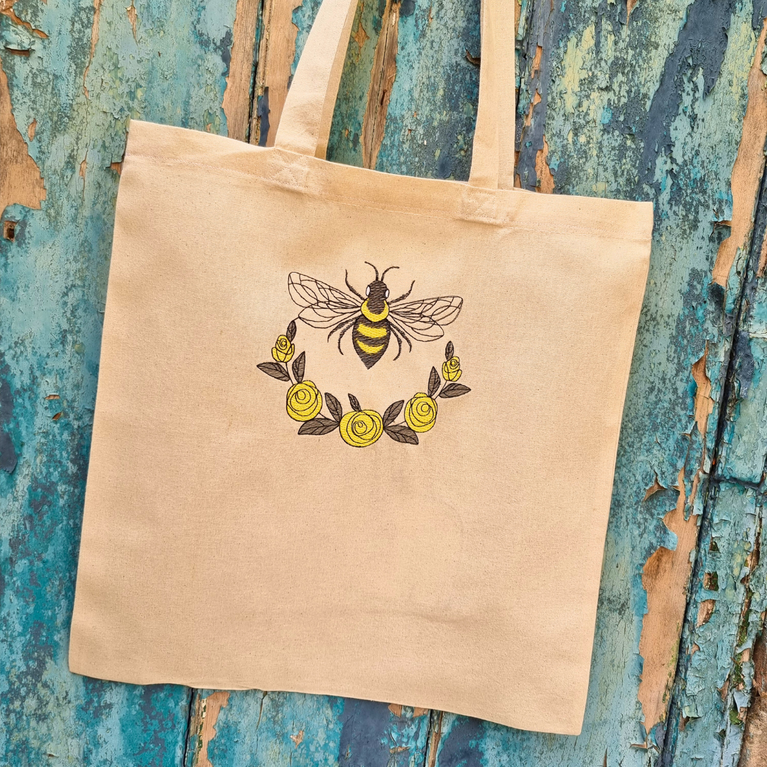 Sketched Bumble Bee Emblem Embroidered Tote Bag