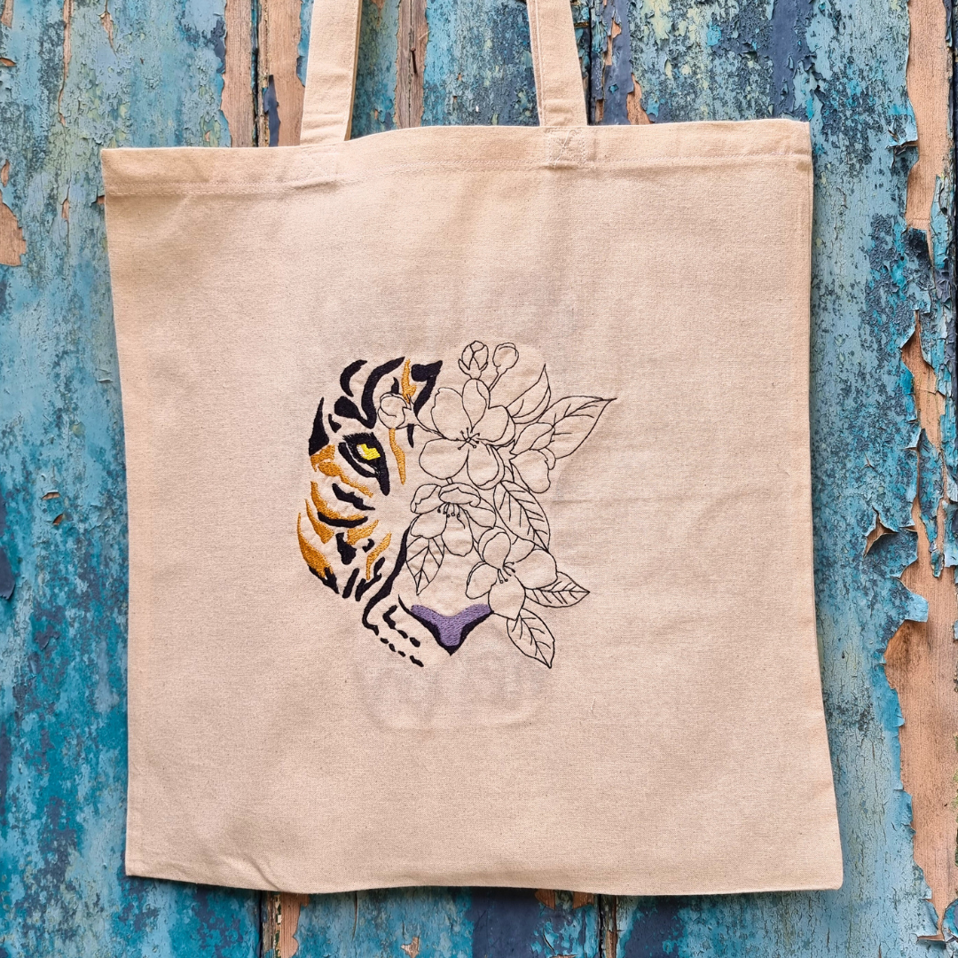 Floral Tiger Embroidered Tote Bag