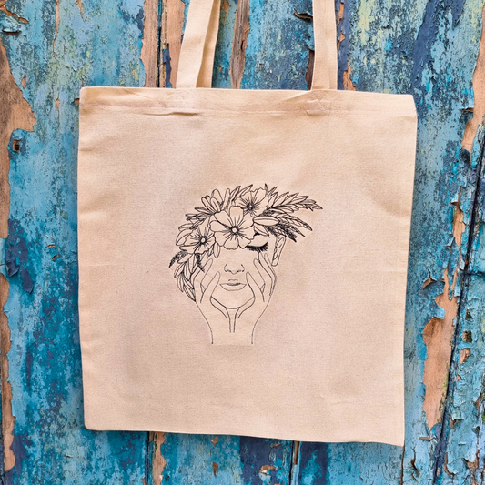 Line Art Lady With Flower Headband Embroidered Tote Bag