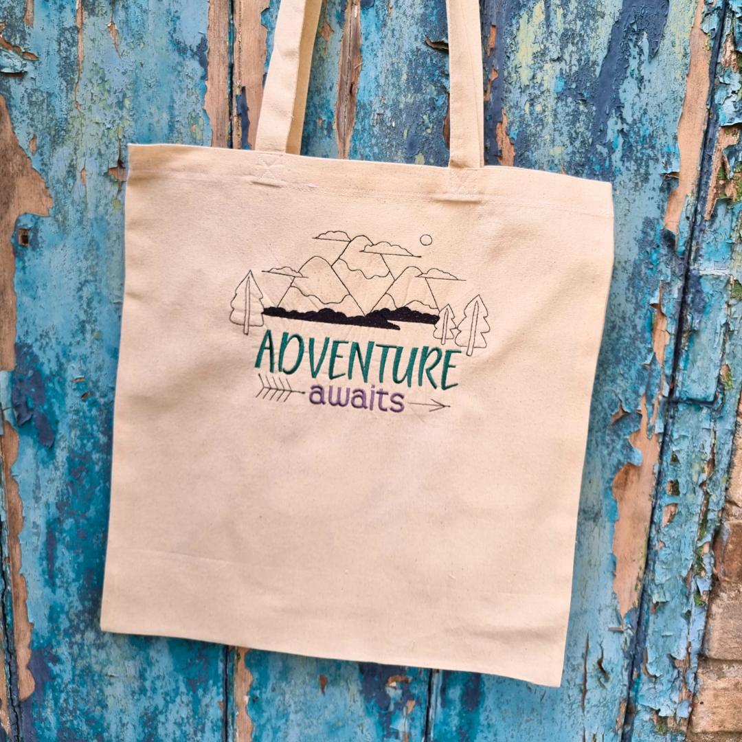 Adventure Awaits Embroidered Tote Bag