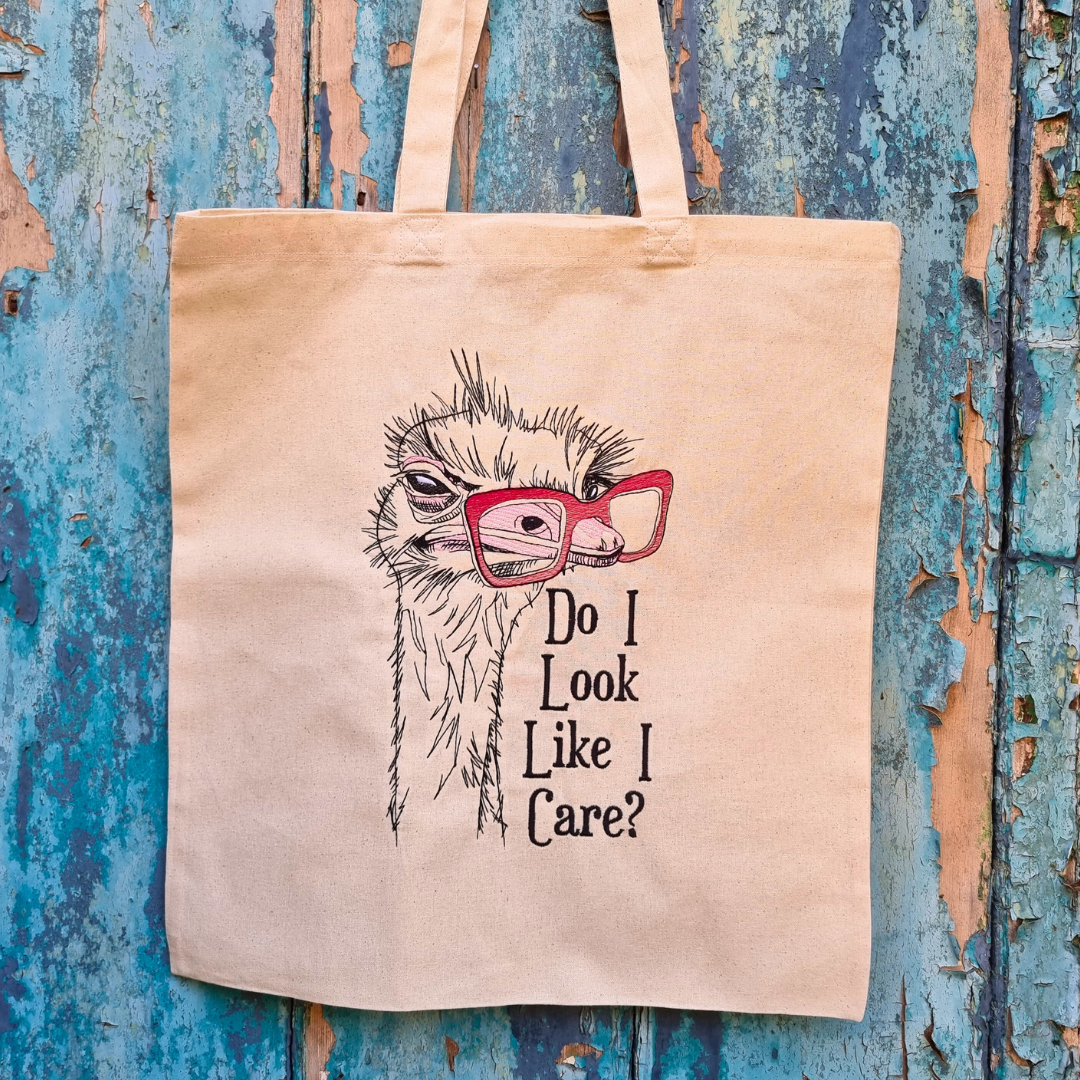 Geeky Ostrich 'Do I look like I care' Embroidered Tote Bag