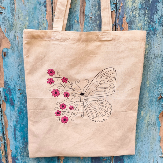 Floral Butterfly Embroidered Tote Bag