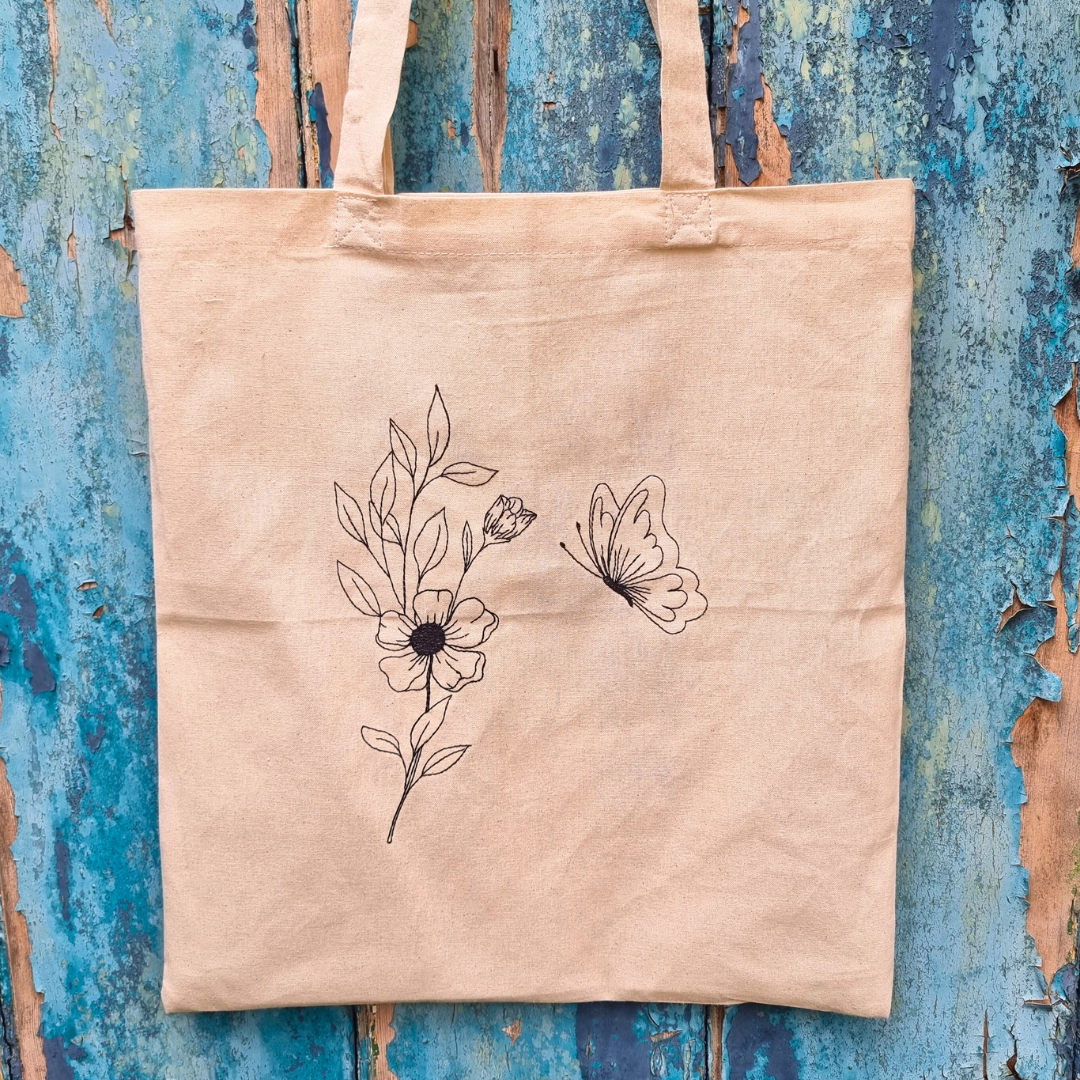 Flower With Butterfly Embroidered Tote Bag