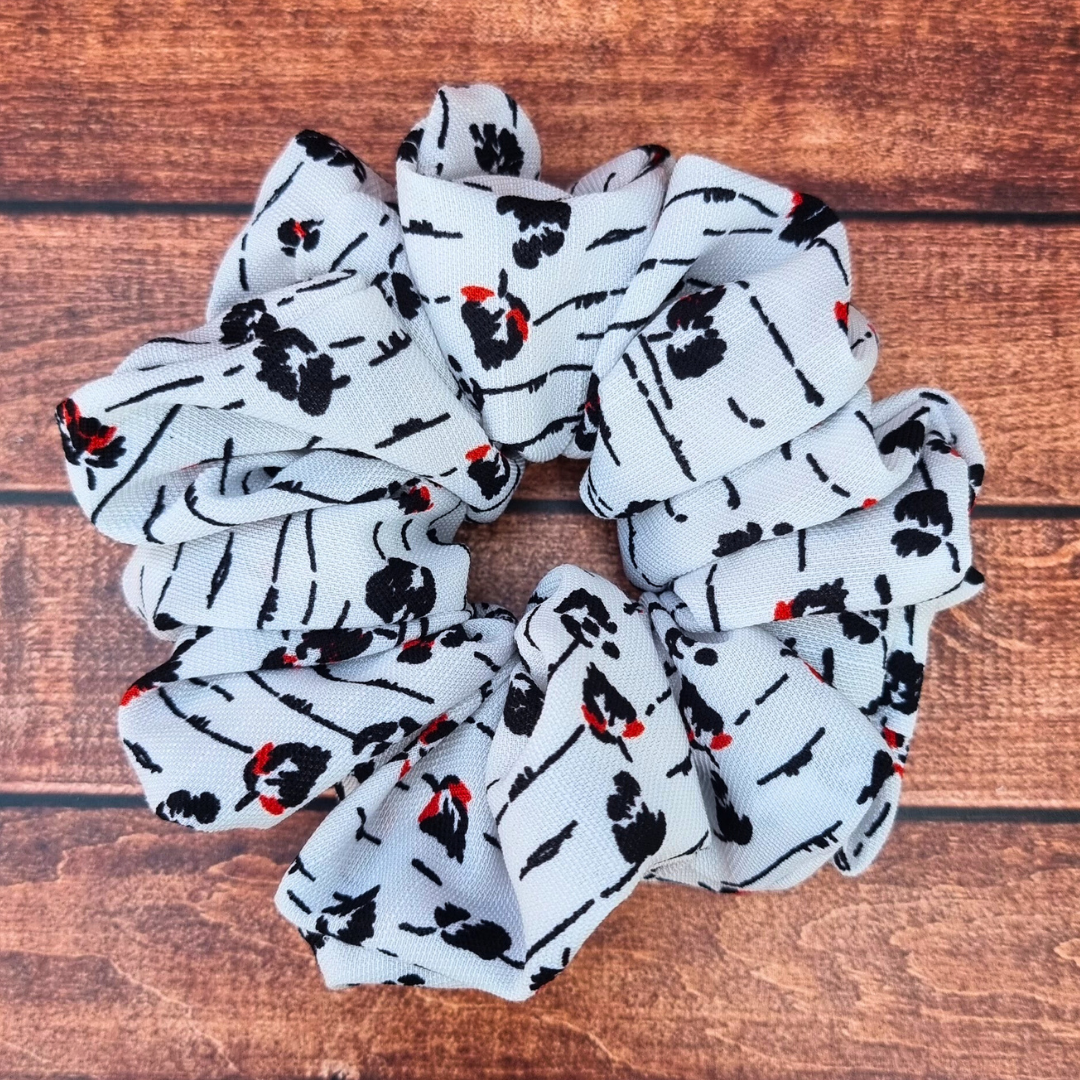 White Mini Abstract Florals Crepe Scrunchie | Hair Tie