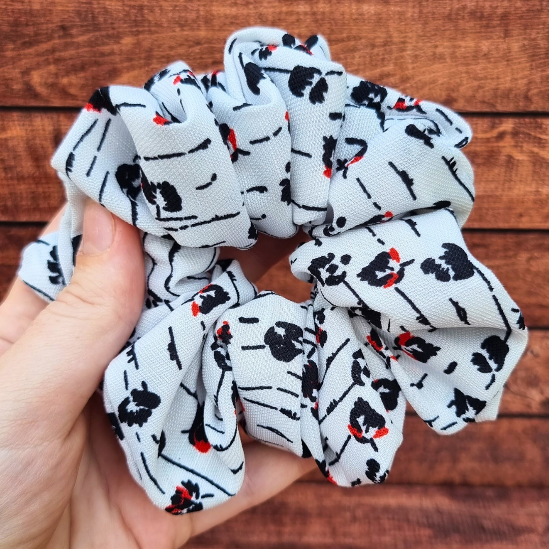 White Mini Abstract Florals Crepe Scrunchie | Hair Tie