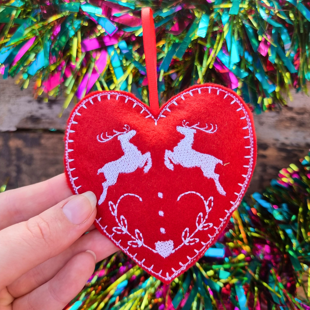 Reindeer | Red Felt Heart Christmas Decoration