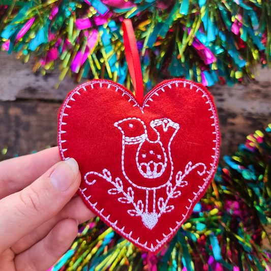 Partridge | Red Felt Heart Christmas Decoration