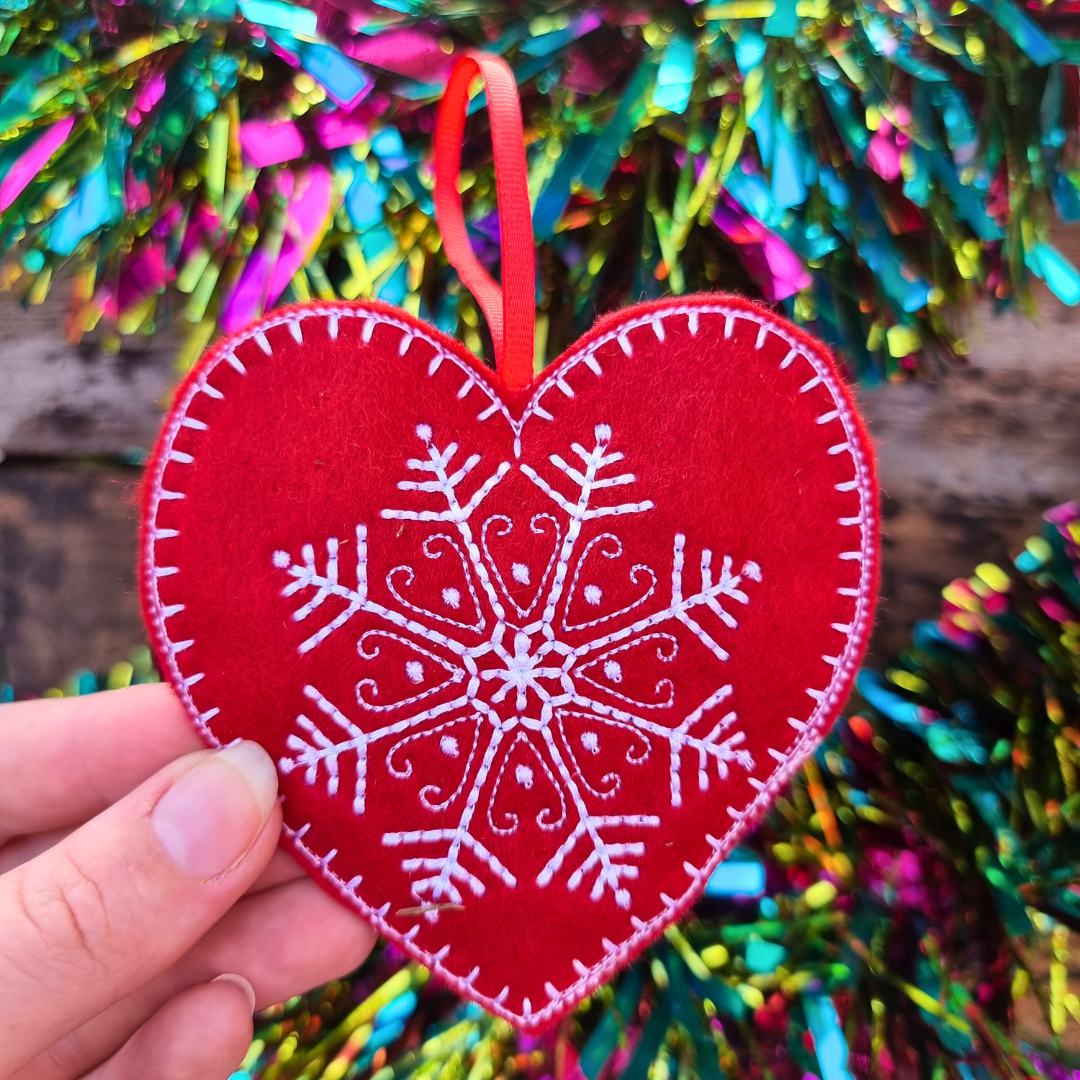 Snowflake | Red Felt Heart Christmas Decoration