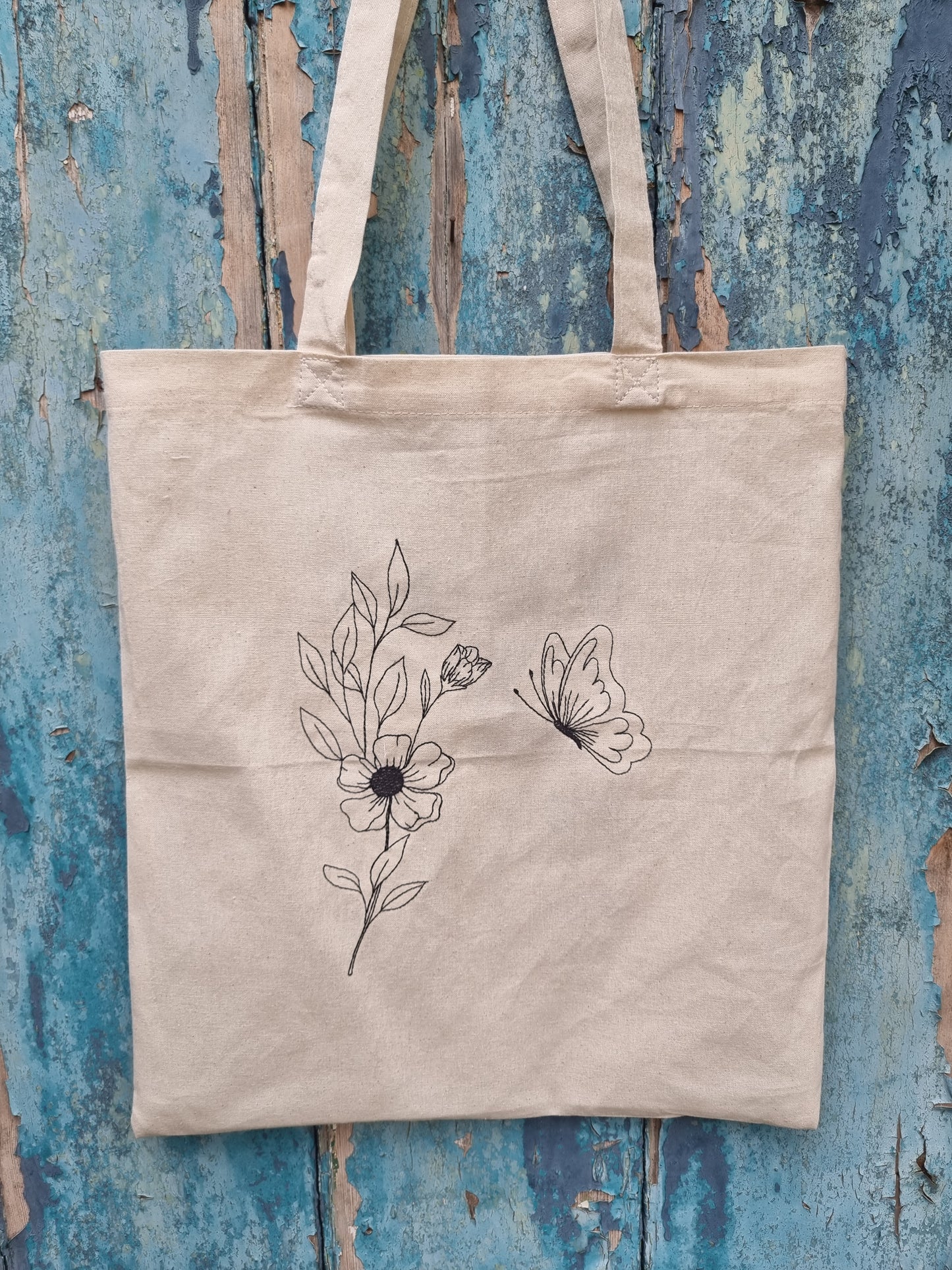 Flower With Butterfly Embroidered Tote Bag