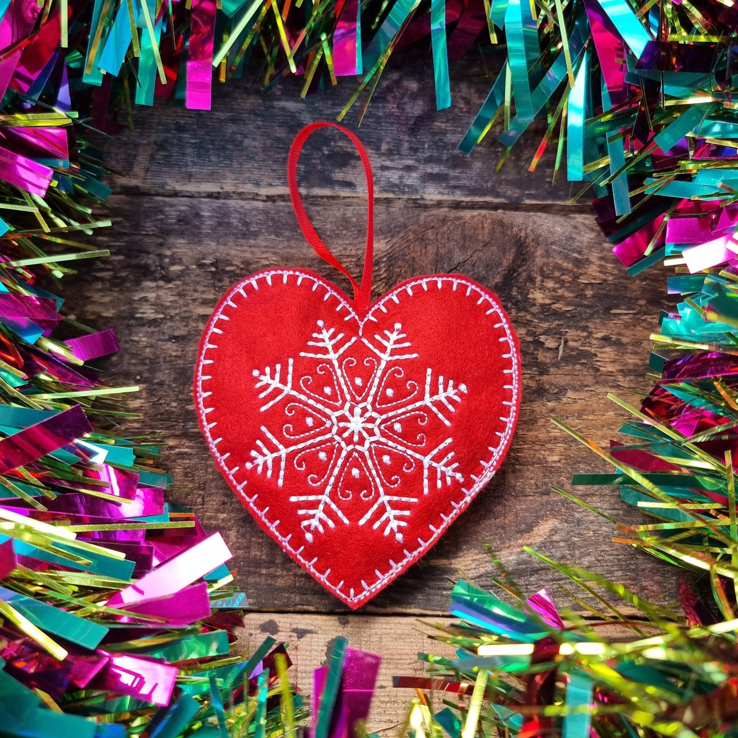 Snowflake | Red Felt Heart Christmas Decoration