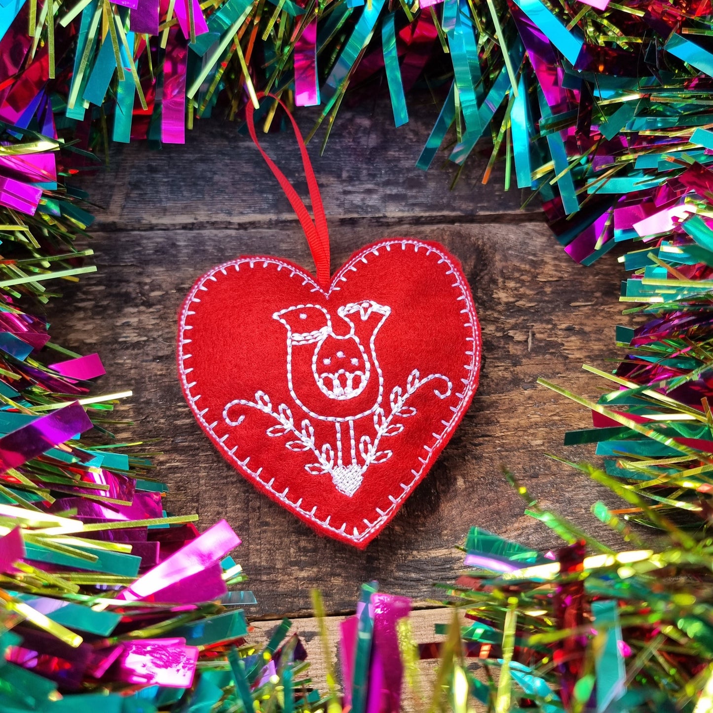 Partridge | Red Felt Heart Christmas Decoration