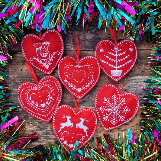 Pack of Six | Red Felt Heart Christmas Decorations