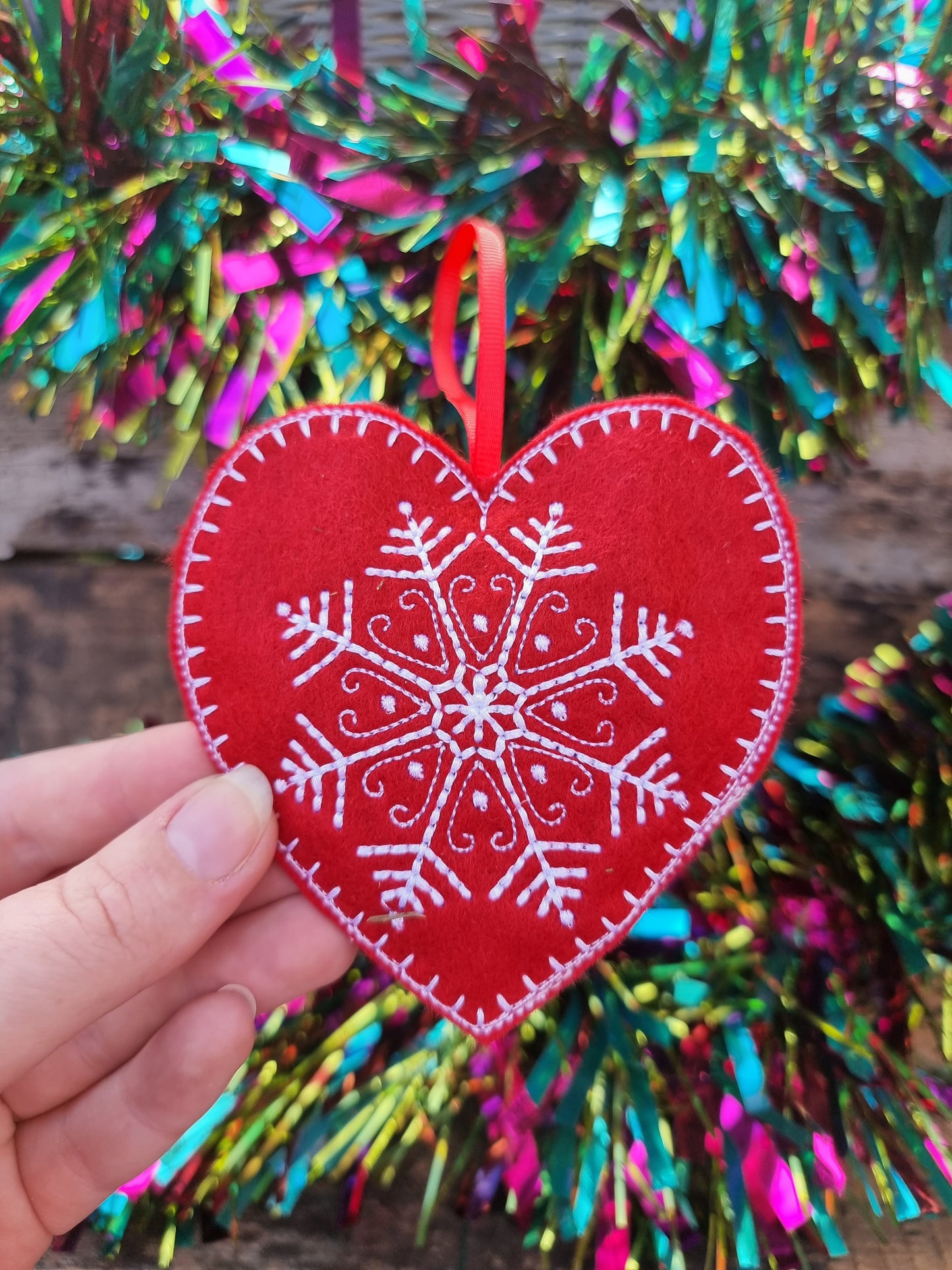 Snowflake | Red Felt Heart Christmas Decoration