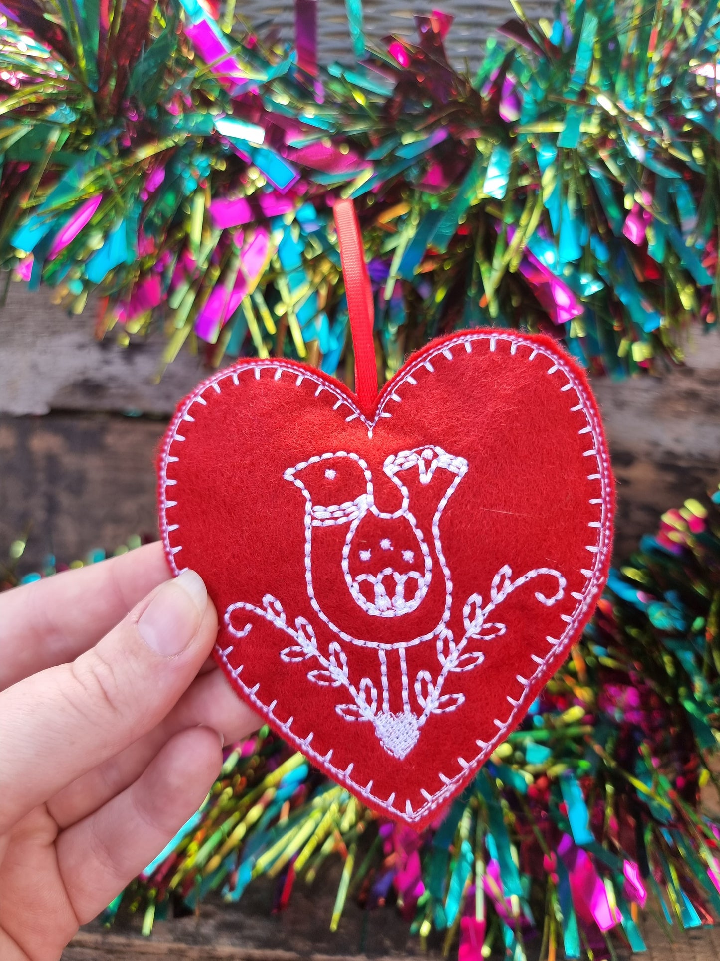 Partridge | Red Felt Heart Christmas Decoration