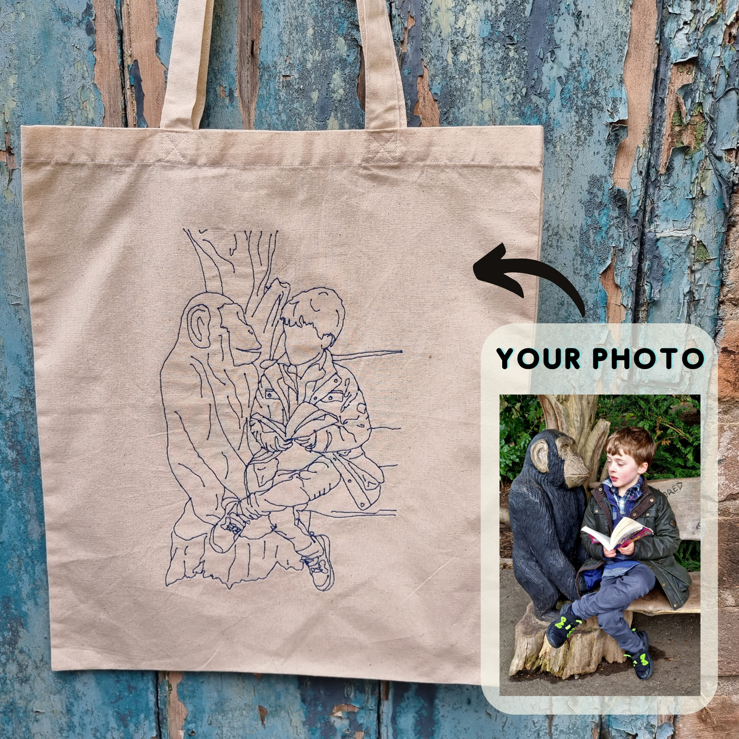 Custom Line Art Photo Embroidered Tote Bag