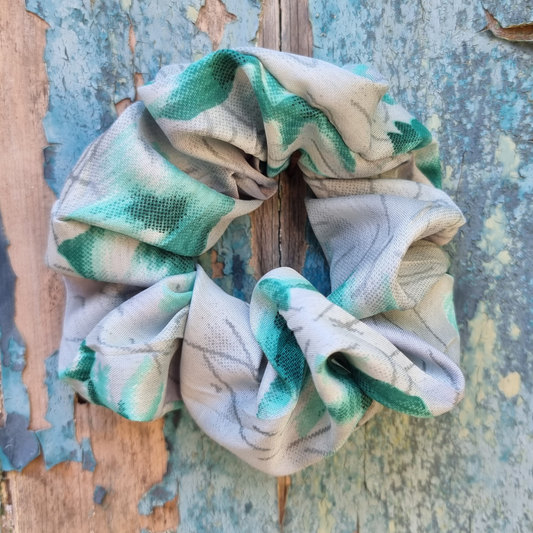 Grey and Green Abstract Floral Super Soft Crepe Scrunchie | Hair Tie