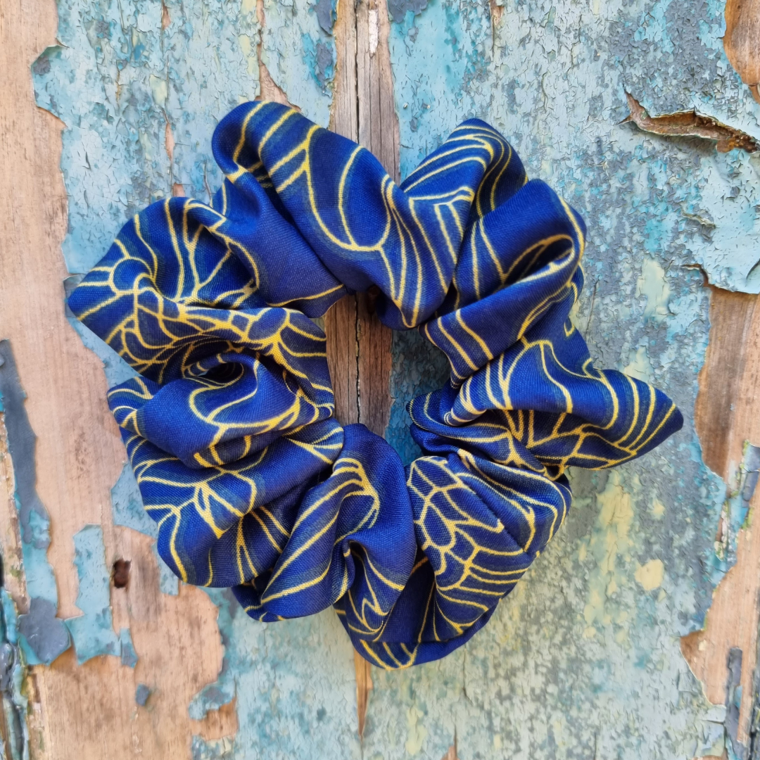 Royal Blue and Gold Floral Outline Super Soft Crepe Scrunchie | Hair Tie