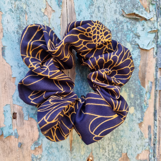 Midnight Blue and Orange Floral Super Soft Crepe Scrunchie | Hair Tie