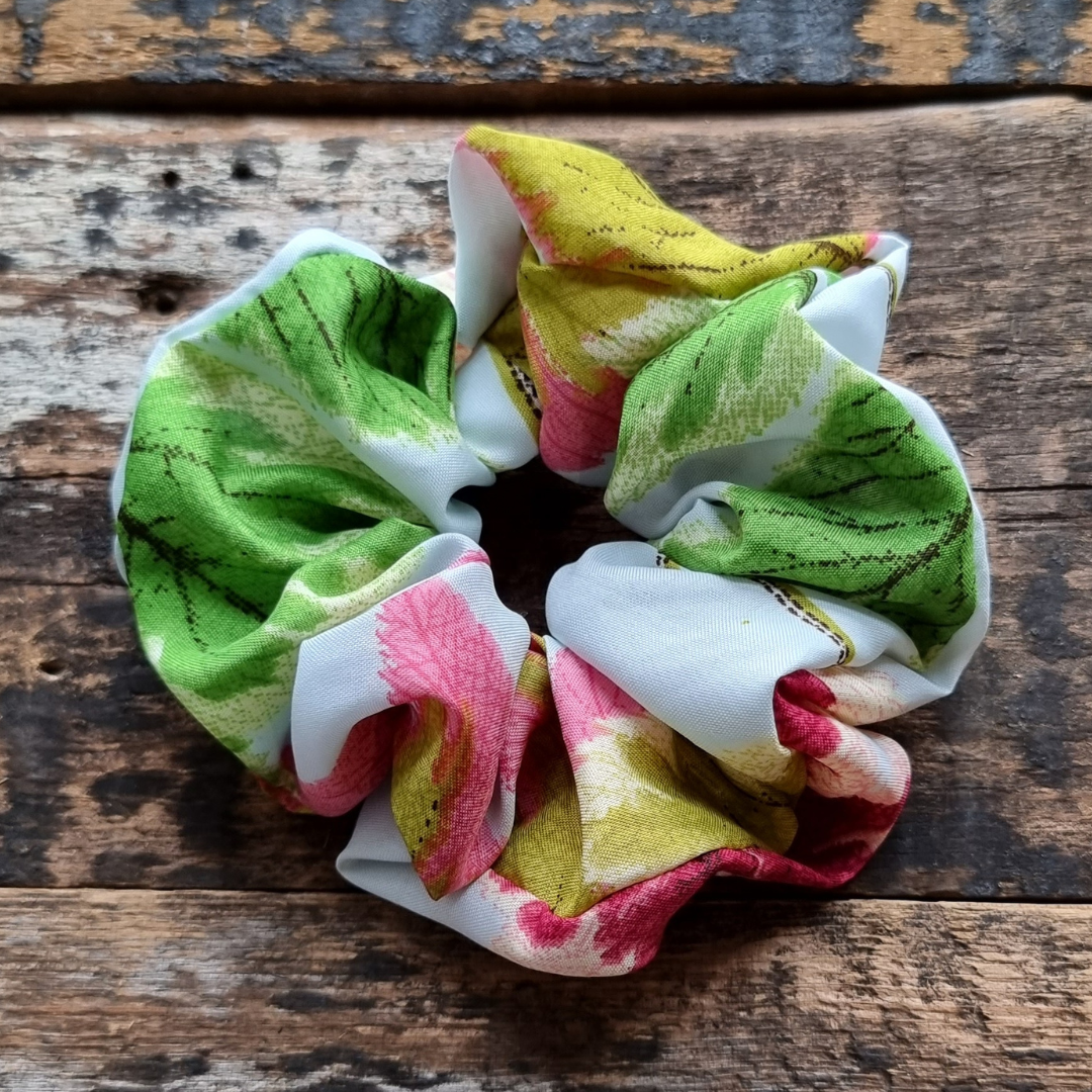 Aqua Autumn Leaves Super Soft Crepe Scrunchie | Hair Tie