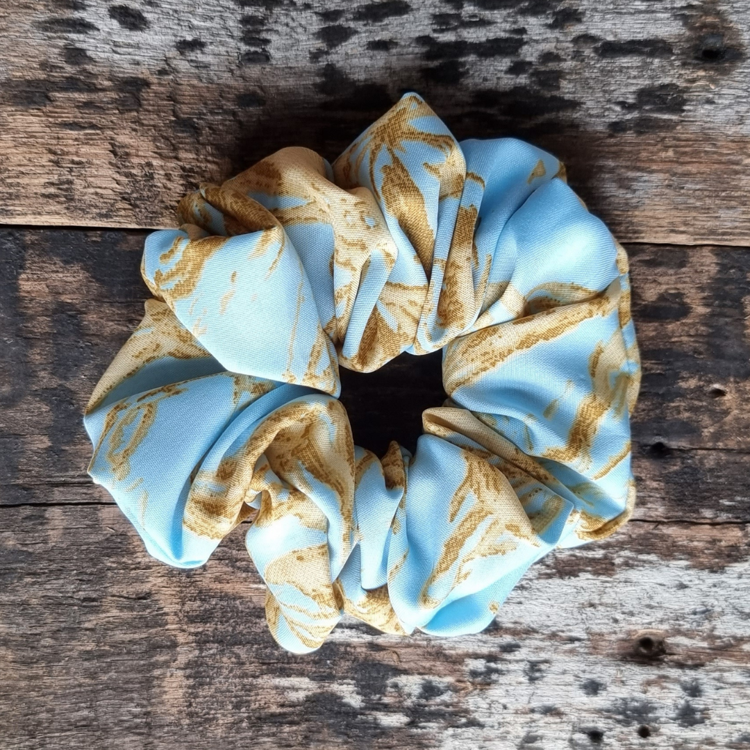 Light Blue and Cream Splatter Super Soft Crepe Scrunchie | Hair Tie