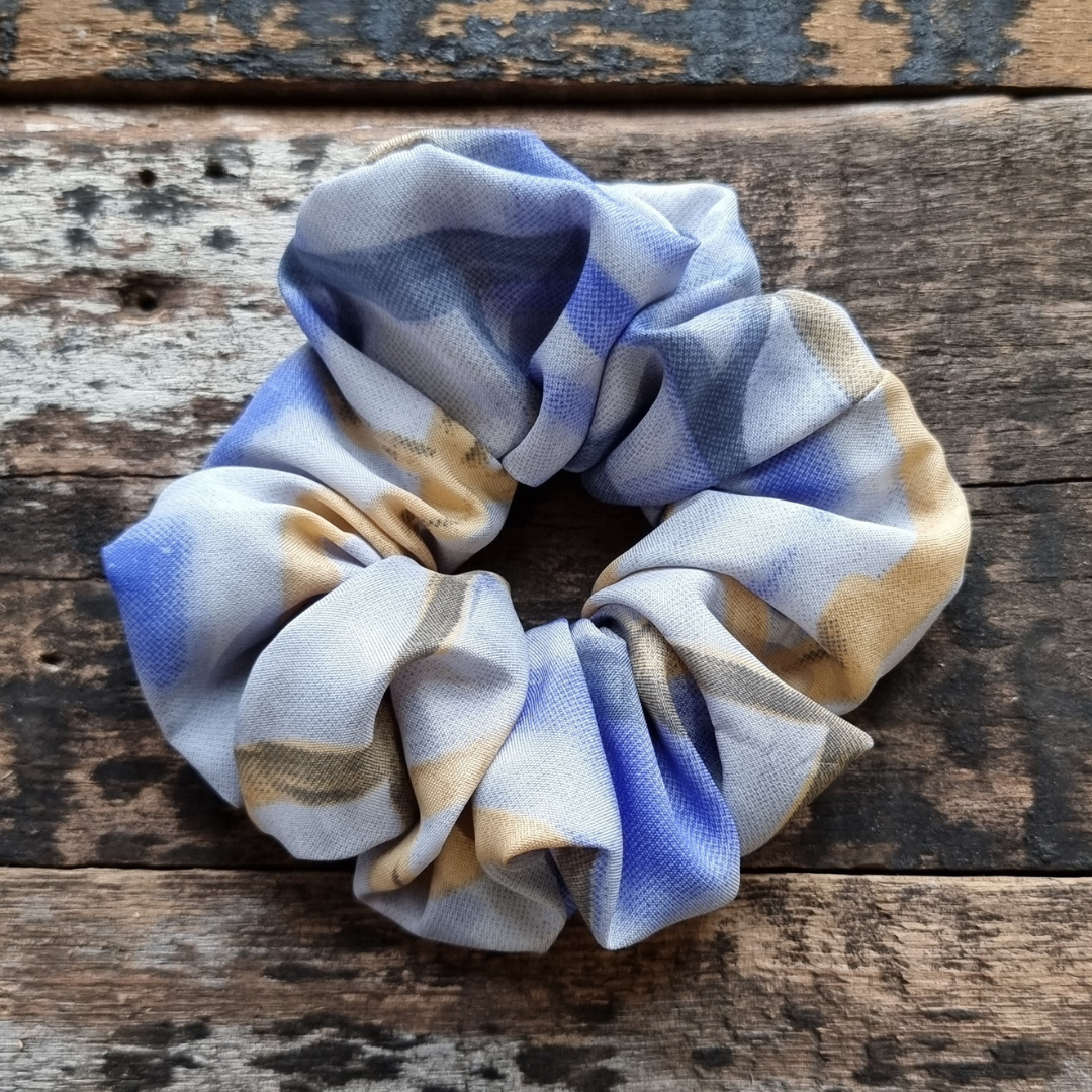 Blues and Honey Abstract Lines Super Soft Crepe Scrunchie | Hair Tie