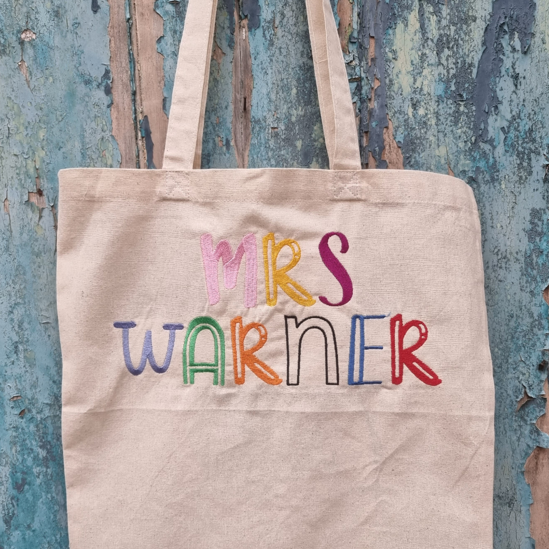 Custom Name Doodle Writing Embroidered Tote Bag