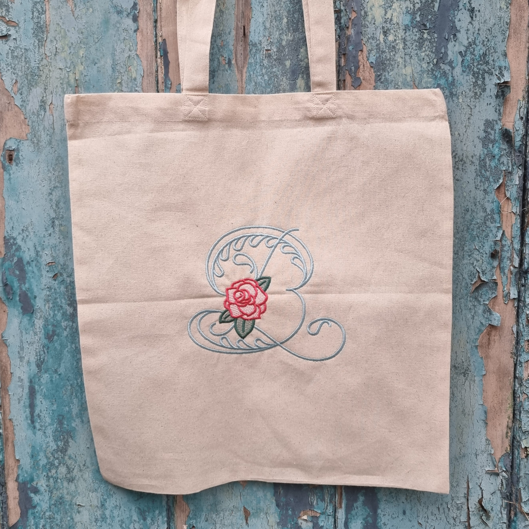 Fancy Rose Floral Initial Embroidered Tote Bag