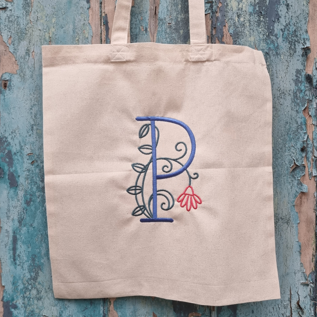 Personalised Flower Bud Initial Embroidered Tote Bag