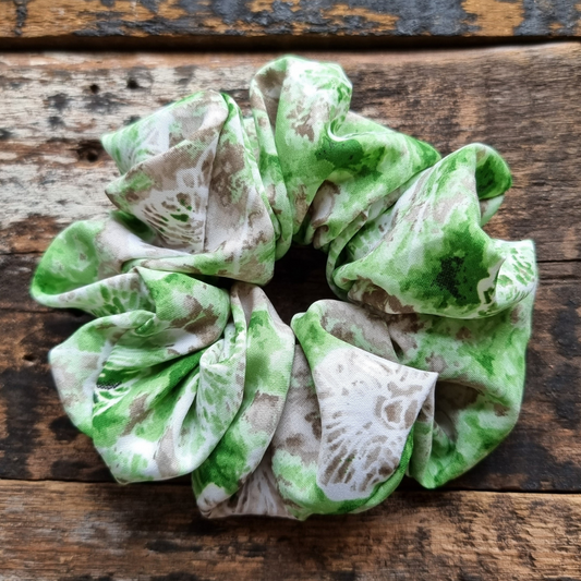 Green and Grey Batik Super Soft Crepe Scrunchie | Hair Tie