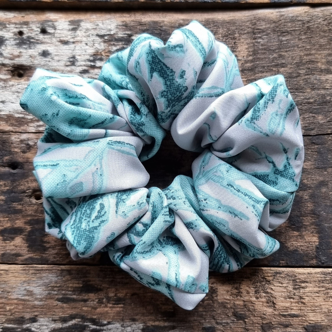 Grey and Green Splatter Super Soft Crepe Scrunchie | Hair Tie