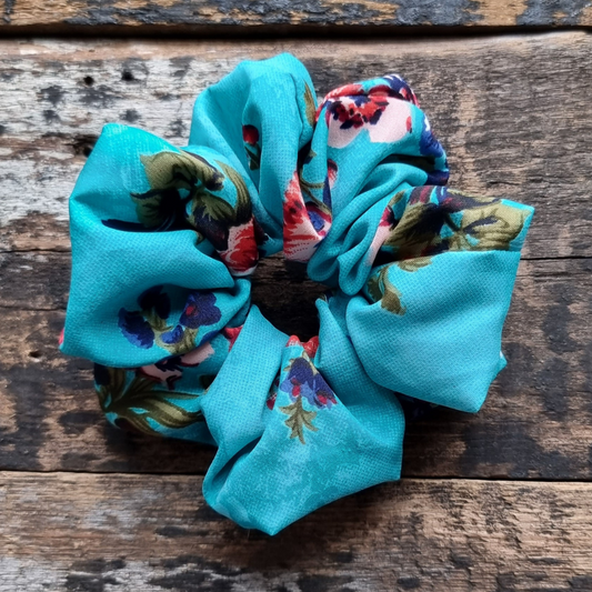 Kingfisher Blue Florals Super Soft Crepe Scrunchie | Hair Tie