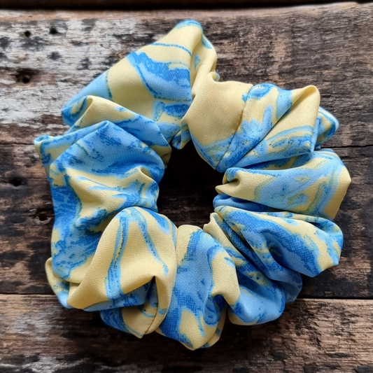 Lemon and Blue Splatter Super Soft Crepe Scrunchie | Hair Tie