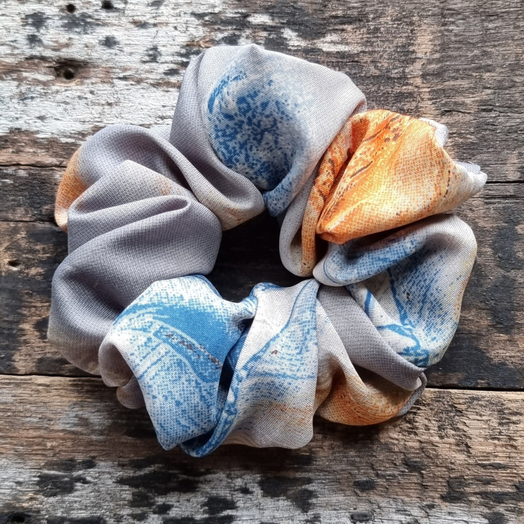 Orange and Petrol Brush Strokes Super Soft Crepe Scrunchie | Hair Tie