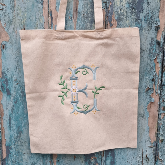 Personalised Ornate Daisies Initial Embroidered Tote Bag