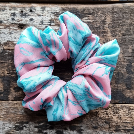 Pink and Aqua Splatter Super Soft Crepe Scrunchie | Hair Tie