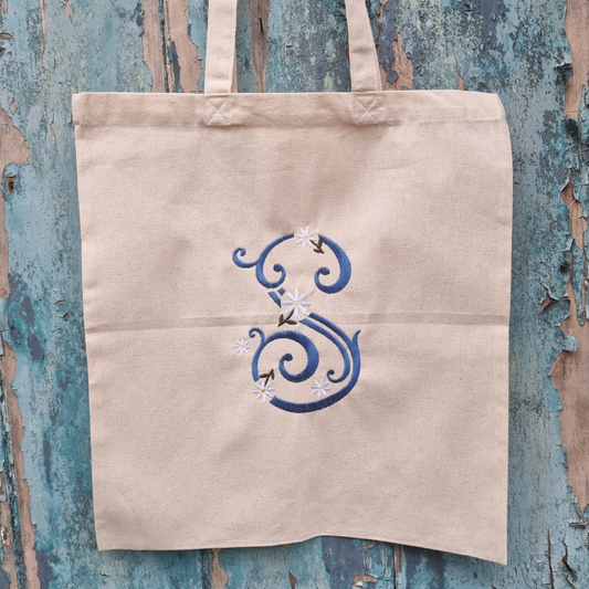 Personalised Regal Daisies Initial Embroidered Tote Bag