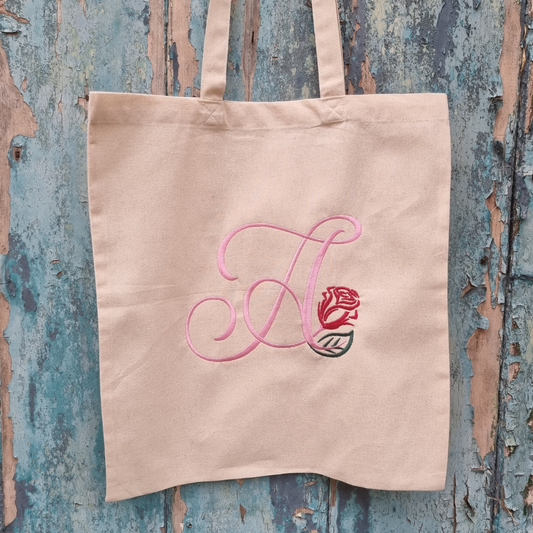 Personalised Regal Rosebud Floral Initial Embroidered Tote Bag