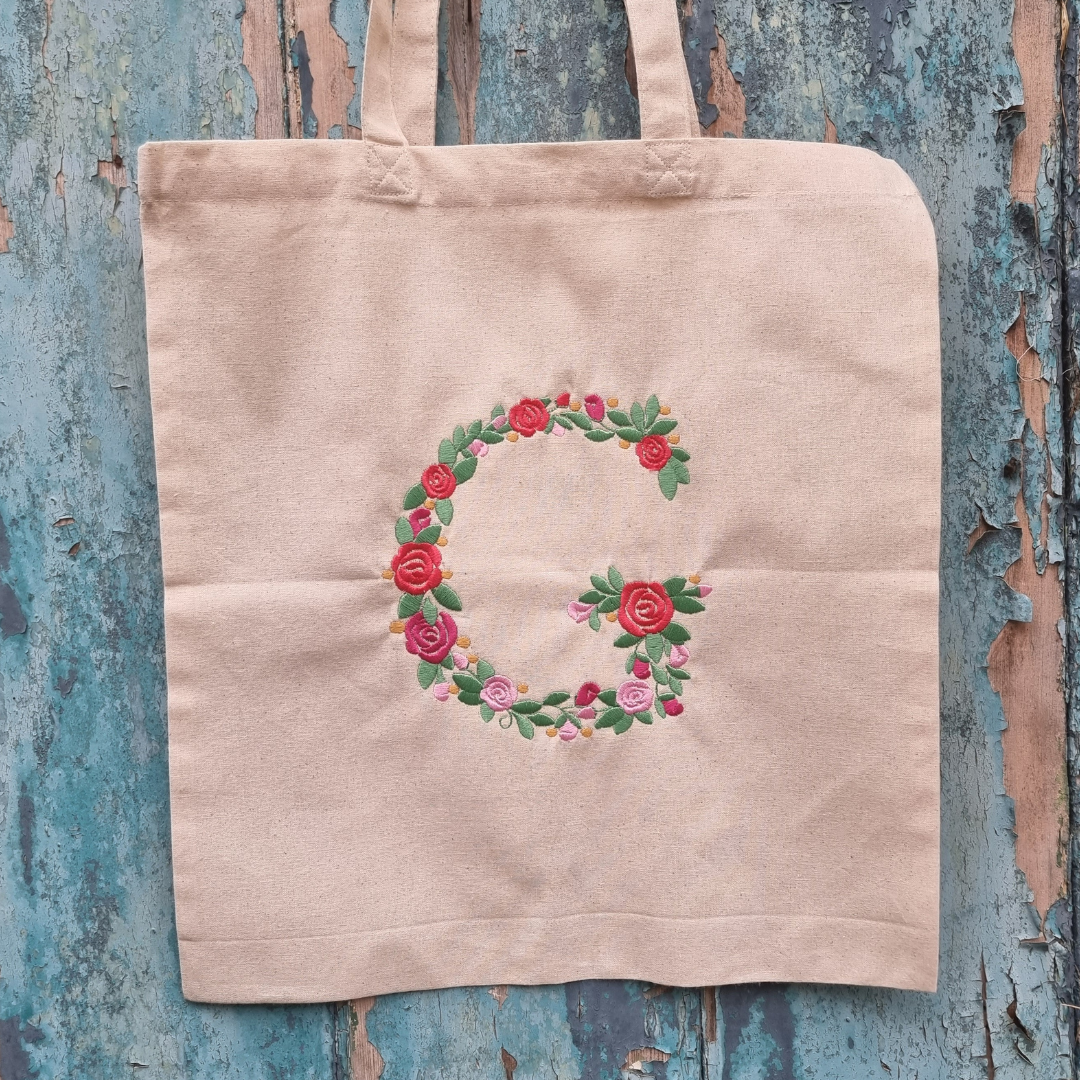 Personalised Rose Garden Initial Embroidered Tote Bag