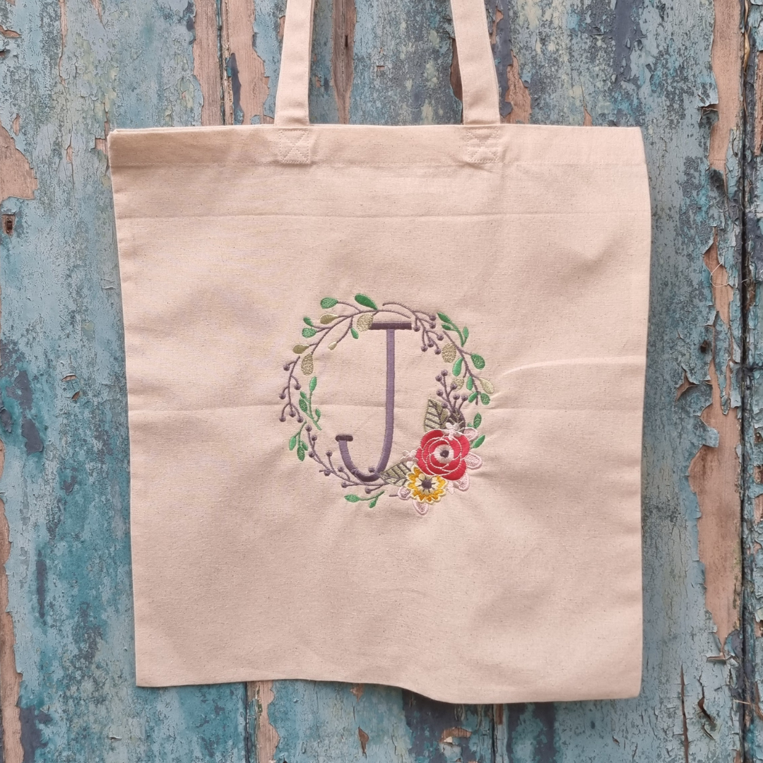 Personalised Floral Wreath Initial Embroidered Tote Bag