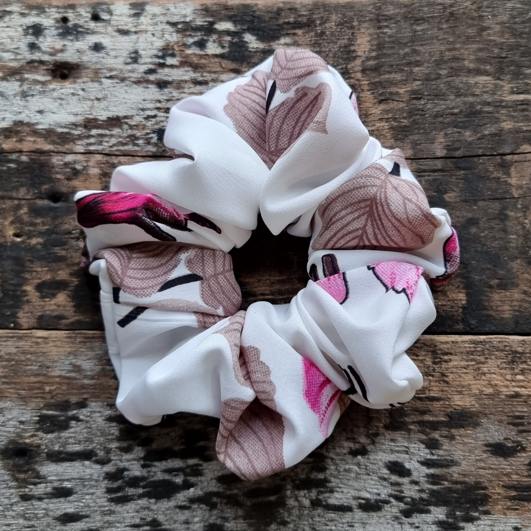 White and Fuchsia Floral Super Soft Crepe Scrunchie | Hair Tie