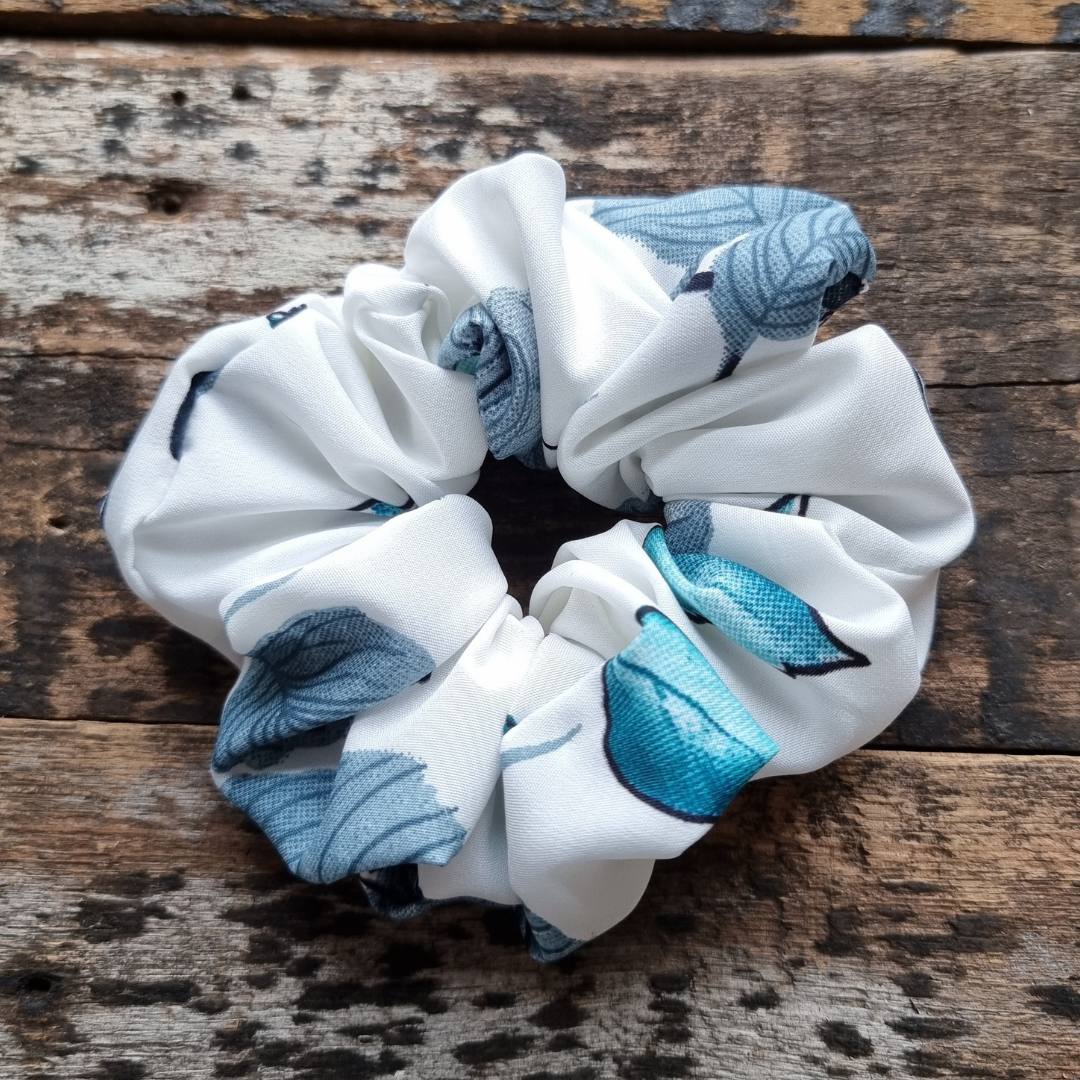 White and Kingfisher Floral Super Soft Crepe Scrunchie | Hair Tie