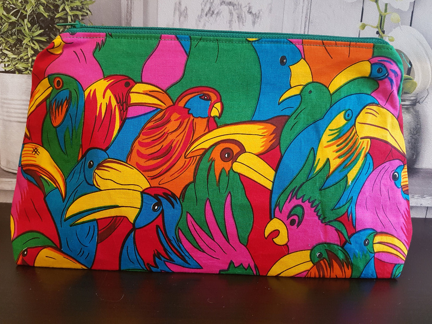 Bright Tropical Bird Pouch Bag | Large Makeup Bag