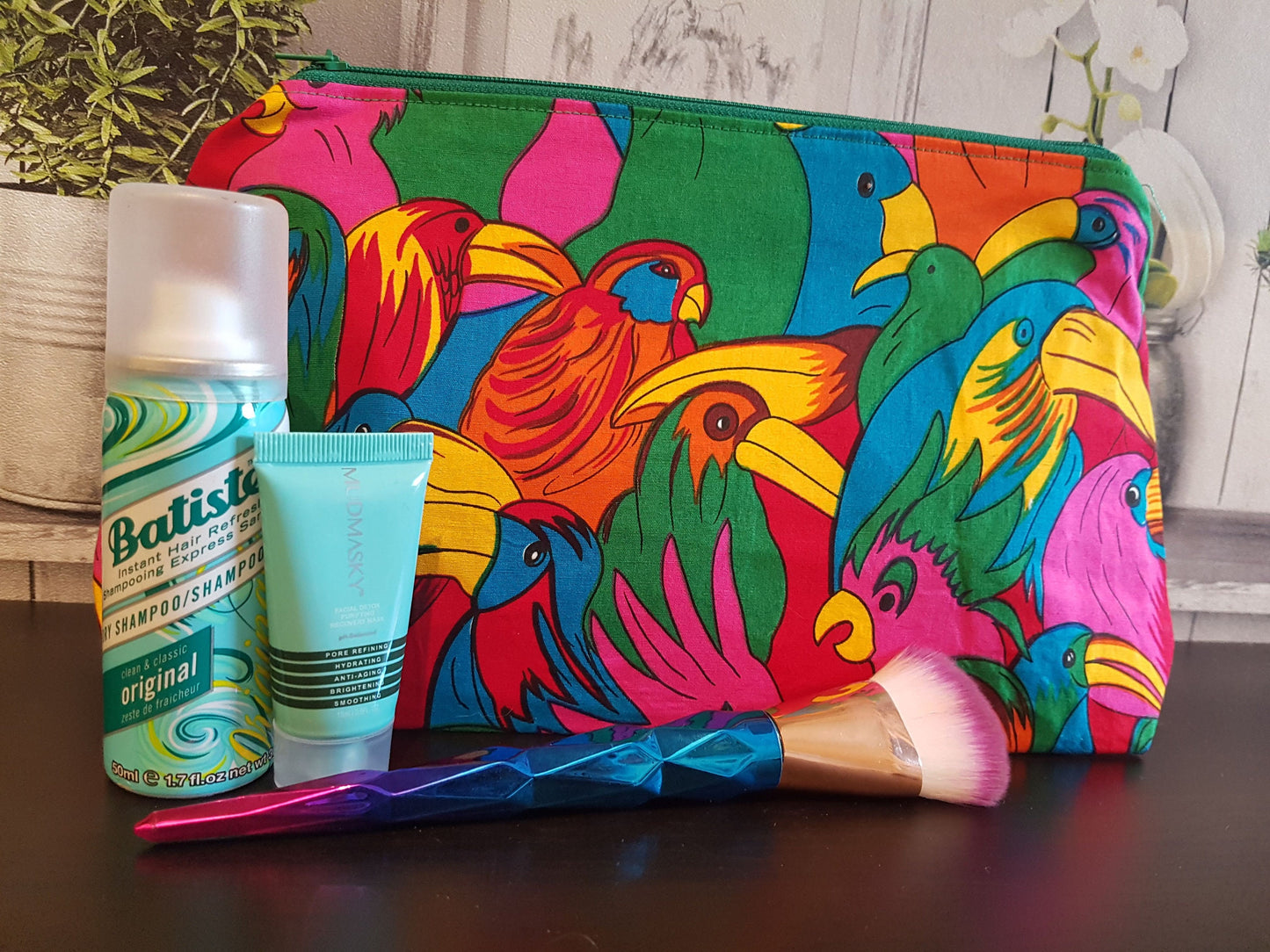 Bright Tropical Bird Pouch Bag | Large Makeup Bag