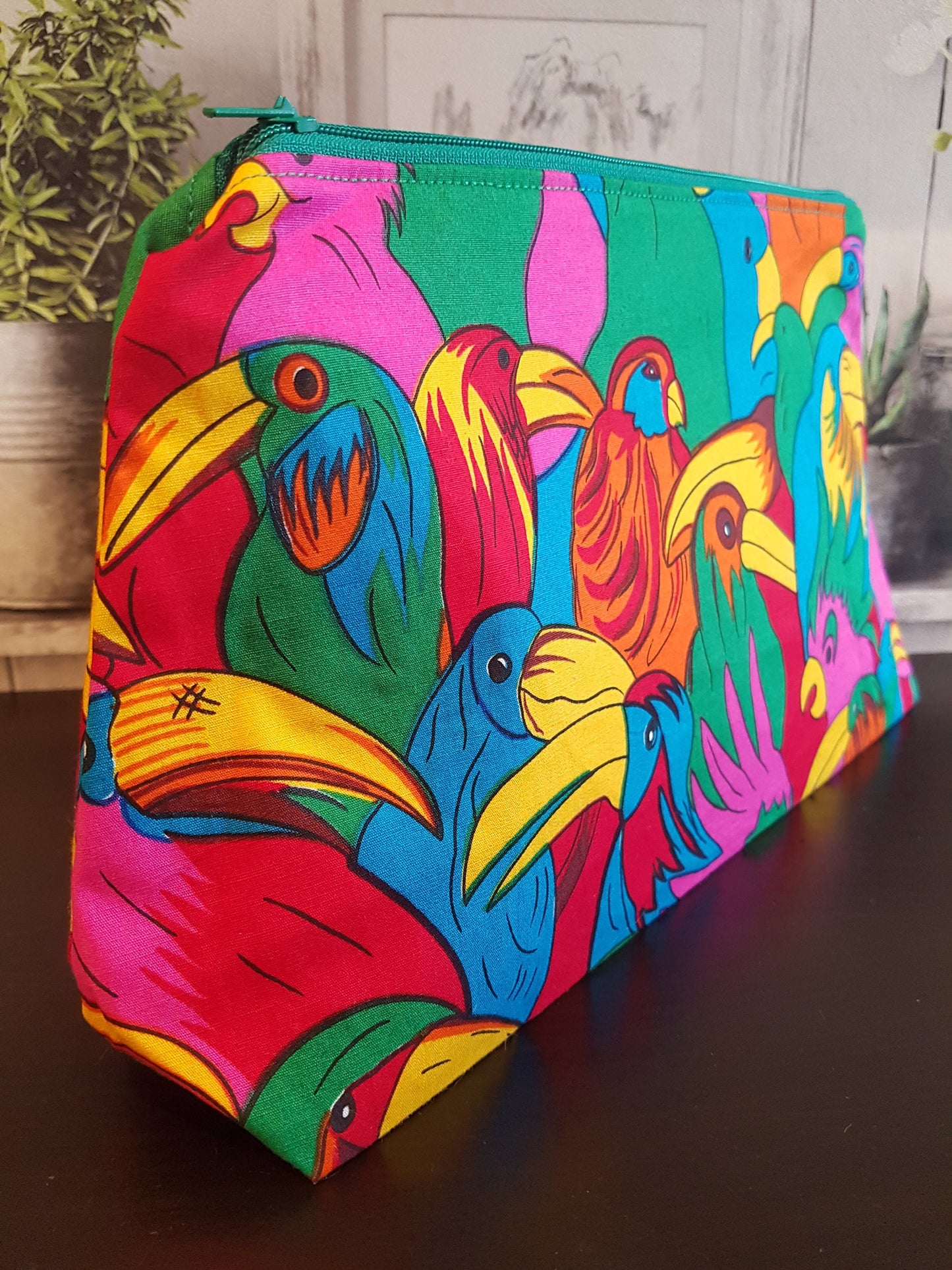 Bright Tropical Bird Pouch Bag | Large Makeup Bag