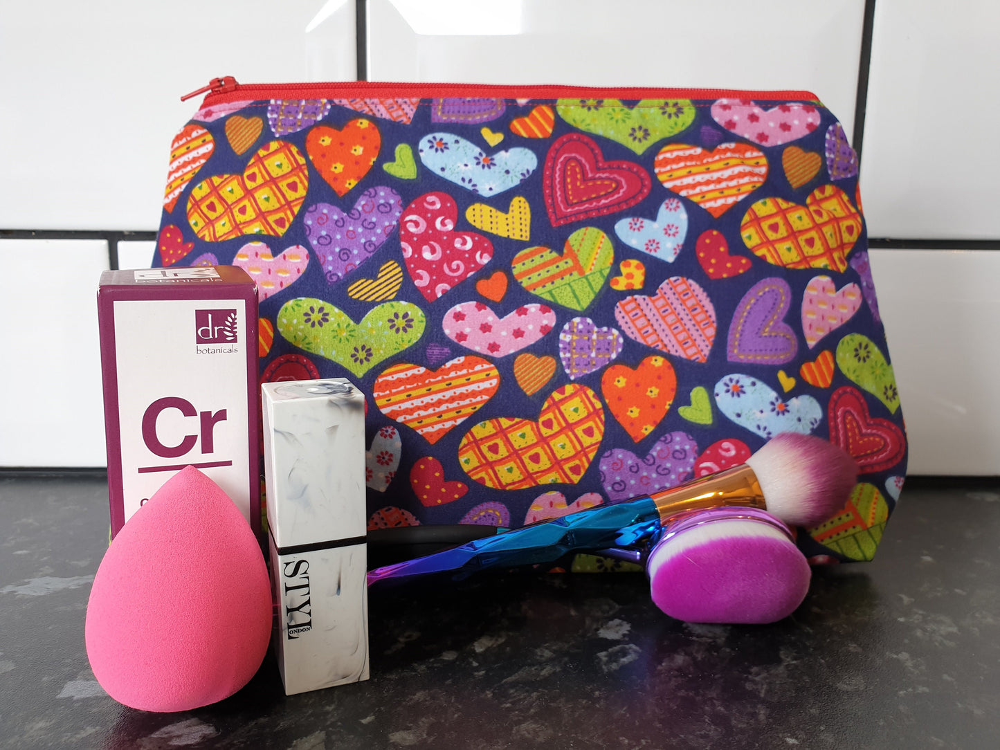 Multicoloured Heart Pouch Bag | Large Makeup Bag